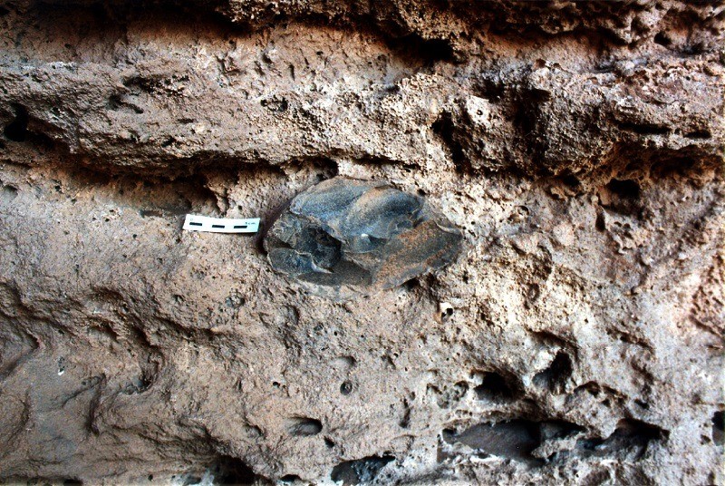 Sandstone core embedded in the strata at Gorham's Cave.